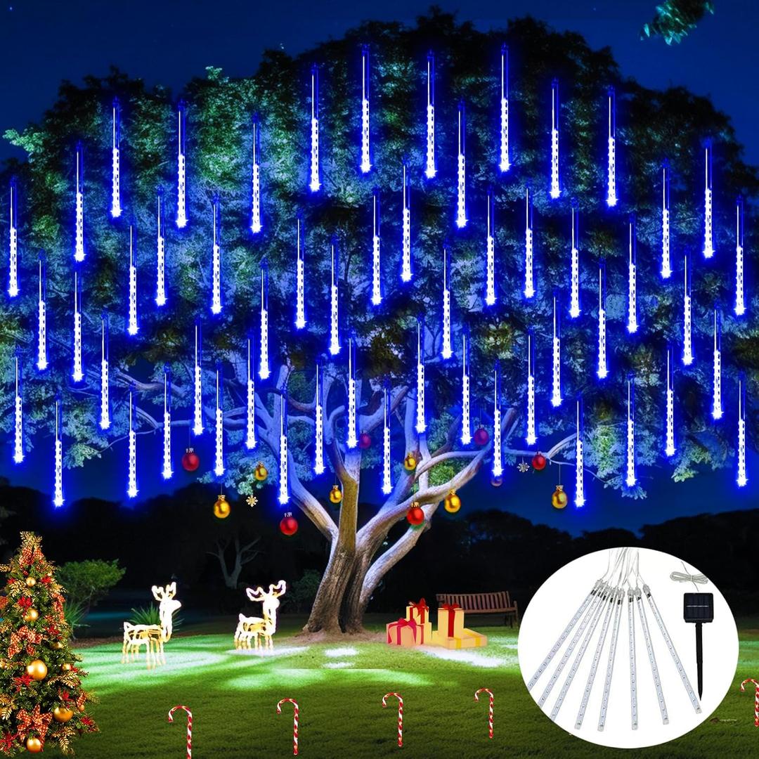 JMEXSUSS Solar Christmas Lights Outdoor, 8 Tube 144 LEDs Solar Meteor Shower Lights Outdoor, Hanging Blue Christmas Light for Tree Icicle Garden Yard Patio Gazebo Party Xmas Decor
