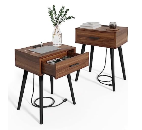 HAIOOU Nightstand with Charging Station Rattan Drawer, Mid Century Modern Side Table, End Beside Table with Pine Wood Legs Storage for Bedroom Living Room