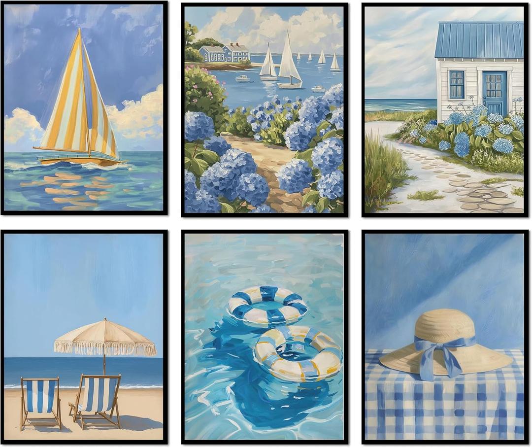 6Pcs Coastal Canvas Wall Art Blue Seaside Beach Posters Prints Nautical Ocean Sailboat Hydrangea Pictures Paintings Wall Decor for Girls Bedroom Dorm Apartment Home Decoration 8''x10'' Unframed
