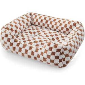 JOEJOY Dog Bed for Medium Small Dogs - Rectangle Orthopedic Dog Sofa Bed, Cute Modern Puppy Bed with Jacquard Shaggy Plush & Anti Slip Bottom, 25x21x8inches, Brown