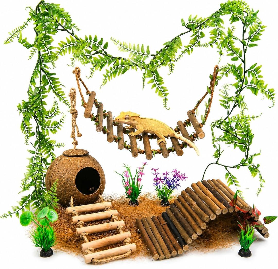 Crested Gecko Tank Accessories, Reptile Bridge and Plants with Coconut Shell Ladder Hideout, Natural Terrarium Decor for Lizard, Chameleon, Leopard Gecko, Snake, Hermit Crab and Tortoise (Group B)