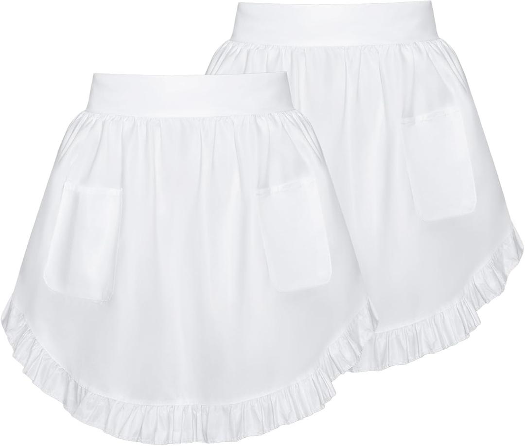 2 Pcs Womens White Waist Apron with Pockets Vintage Half Apron Maid Outfit for Waitress Servant Halloween Cosplay
