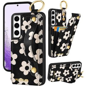 Petitian for Samsung Galaxy S22 Wallet Stand Case - Women Girls Cute Girly Aesthetic Unique Design Leather Credit Card Holder Cardholder Stand Wristband for Galaxy S22, White Flowers