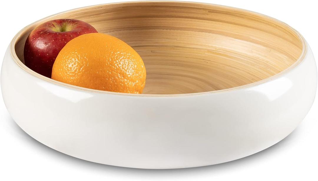 LEXA 12" Handmade White Bamboo Wooden Fruit Bowl for Kitchen Counter - 130 oz Lightweight Large Bamboo Wood Salad Bowl