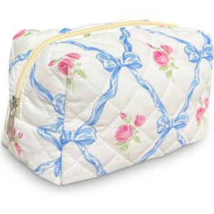 Trnerm Small Makeup Bag Quilted Cosmetic Bag Coquette Makeup Pouch Makeup Organizer Blue Ribbons Small Travel Makeup Bag Travel Toiletry Bag for Women Girls