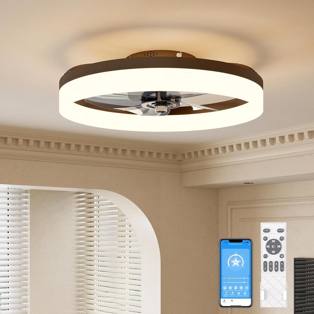 VOLISUN Low Profile Ceiling Fans with Lights and Remote, 19.7in Fandelier Ceiling Fan with Light, 3000K-6500K Dimmable Bladeless LED Fan Light, Brown Flush Mount Ceiling Fans with Lights for Bedroom
