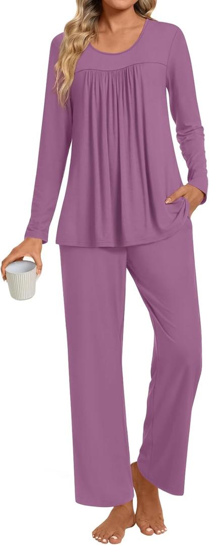 TAOHUADAO Womens Pajamas Set Plus Size Long Sleeve Tops and Pants Pjs Set Ladies Fall Winter 2 Piece Loungewear with Pockets (Large, 09 Purple Red)