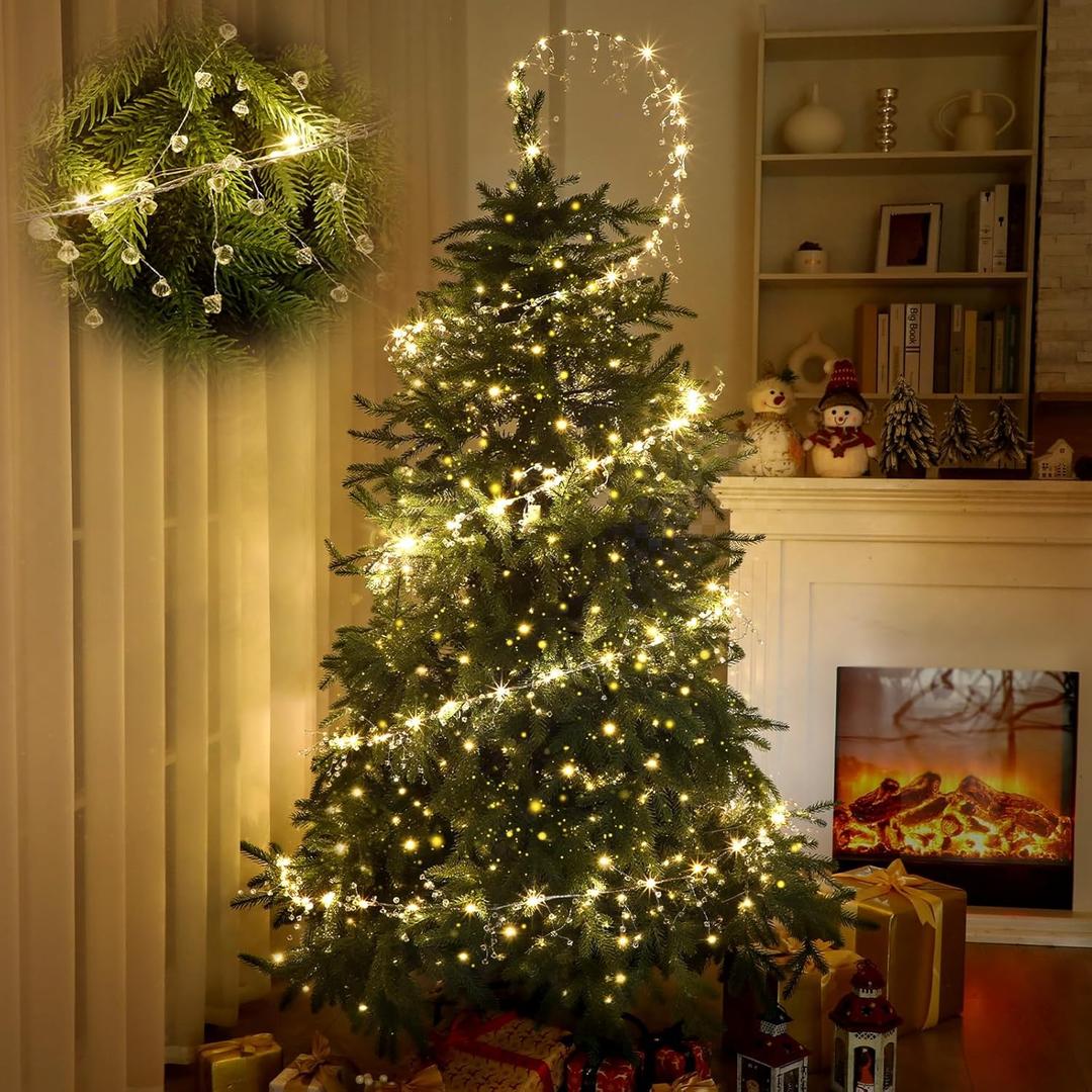 40ft Christmas Tree Crystal Garland Decorations, 98ft 300 LED Fairy Lights with Crystal Drop Ornaments & Iron Wire, USB Operated Sparkling Christmas Tree Decor for Winter Indoor
