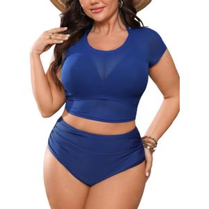 CUPSHE Women Swimsuit Plus Size Bikini Set Three Piece High Waisted Sheer Mesh Top Halter Ruched Bottom (X-Large Plus, Blue)