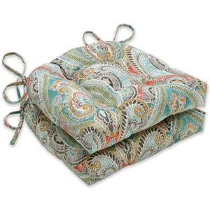 Pillow Perfect Paisley Indoor/Outdoor Chairpad with Ties, Reversible, Tufted, Weather, and Fade Resistant, 15.5" x 16", Blue/Multi Pretty, 2 Count