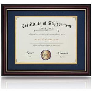 ELSKER&HOME 8.5x11 Document Frame - Matte Reddish Brown Wood Color Frame - Made for Certificates Sized 8.5x11 Inch with Mat and 11x14 Inch Without Mat (Double Mat, Navy with Golden Rim)