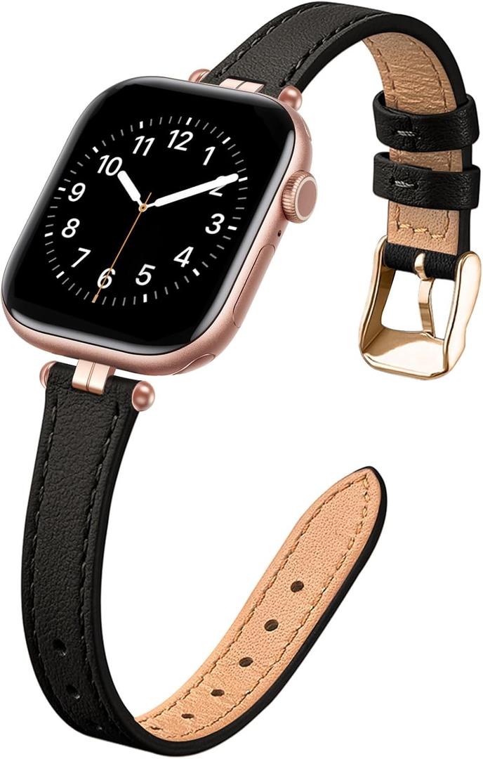 STIROLL Thin Leather Band Compatible with Apple Watch Bands 41mm 40mm 38mm 42mm(Series 11 10) Women, Stylish Top-Grain Leather Strap Slim Wristband for iWatch SE3/2/1 Series 9 8 7 6 5 4 3 2 1, Black/Rose Gold