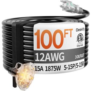 100 ft 12 Gauge Heavy Duty 3 Outlet Extension Cord Splitter with Indicator, Waterproof Outdoor Extension Cord with Multiple Outlets, 15A 1875W for Home & Workshop, ETL Listed, Black SJTW