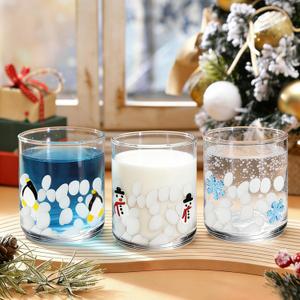 Whaline 3Pcs Christmas Icon Juice Glass 14 Oz Wine Glass Stemless Snowman Snowflake Penguin Cocktail Drinking Cups for Winter Xmas Home Party Favors Supplies