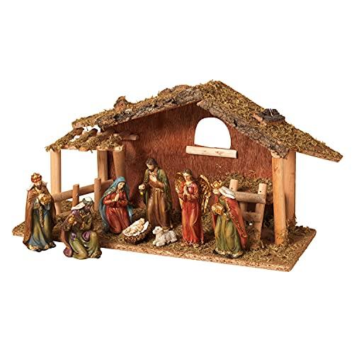 15.25-Inch Long Moss Stable with Set of 9 Resin Figurines Nativity Scene