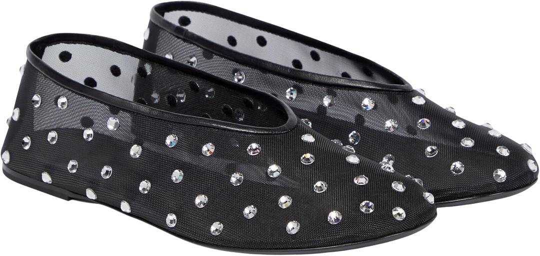 Yishaweiqi Crystal Rhinestone Ballet Flats for Women Breathable Mesh Flats Slip On Ballerina Shoes Comfortable Casual Dress Shoes (9, Black)