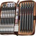 Nicpro 33PCS Black Metal Mechanical Pencil Set in Leather Case, Art Drafting Pencil 0.3, 0.5, 0.7, 0.9 mm, 2mm Lead Holders for Sketching Drawing with 18 Tube (6B 4B 2B HB 2H 4H Colors) Lead Refills