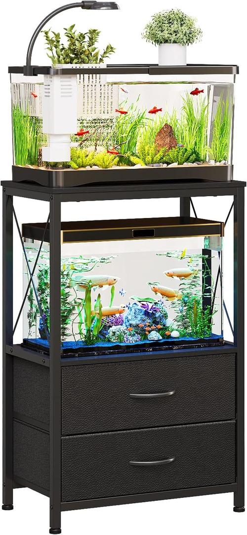 Aquarium Stand 10 Gallon with 2-Tier Shelf, Fish Tanks Stand with 2 Drawers, Metal Frame Heavy Duty Reptile/Turtle Tank Stand for Home Office, Fish Tanks Accessories Storage, Black
