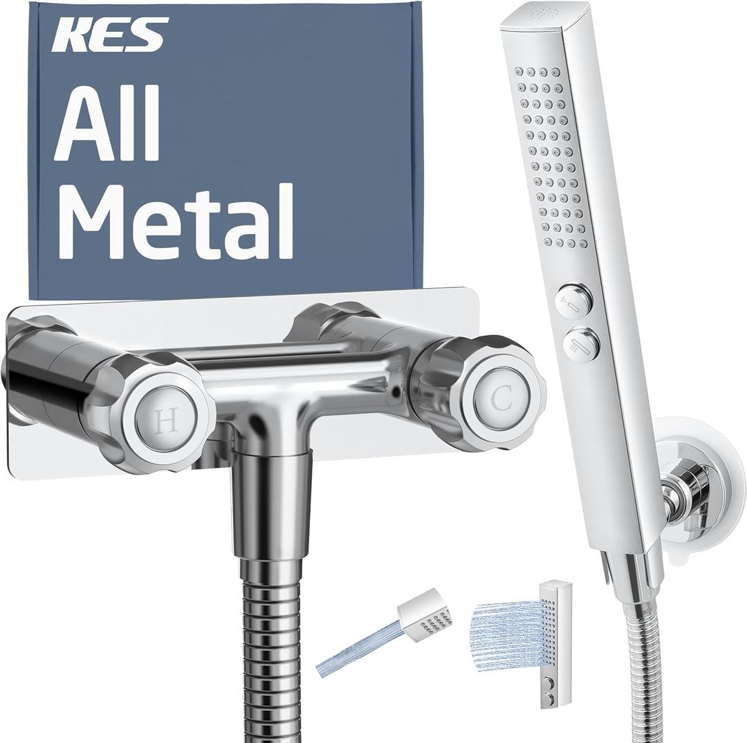 All Metal RV Shower Faucet with Hose and 2 Function Showerhead, KES No Leak Camper Shower Faucet Replacement, SUS 304 Handheld Holder Included, for RV, Travel Trailer, Motorhome, Chrome, XG6105-CH