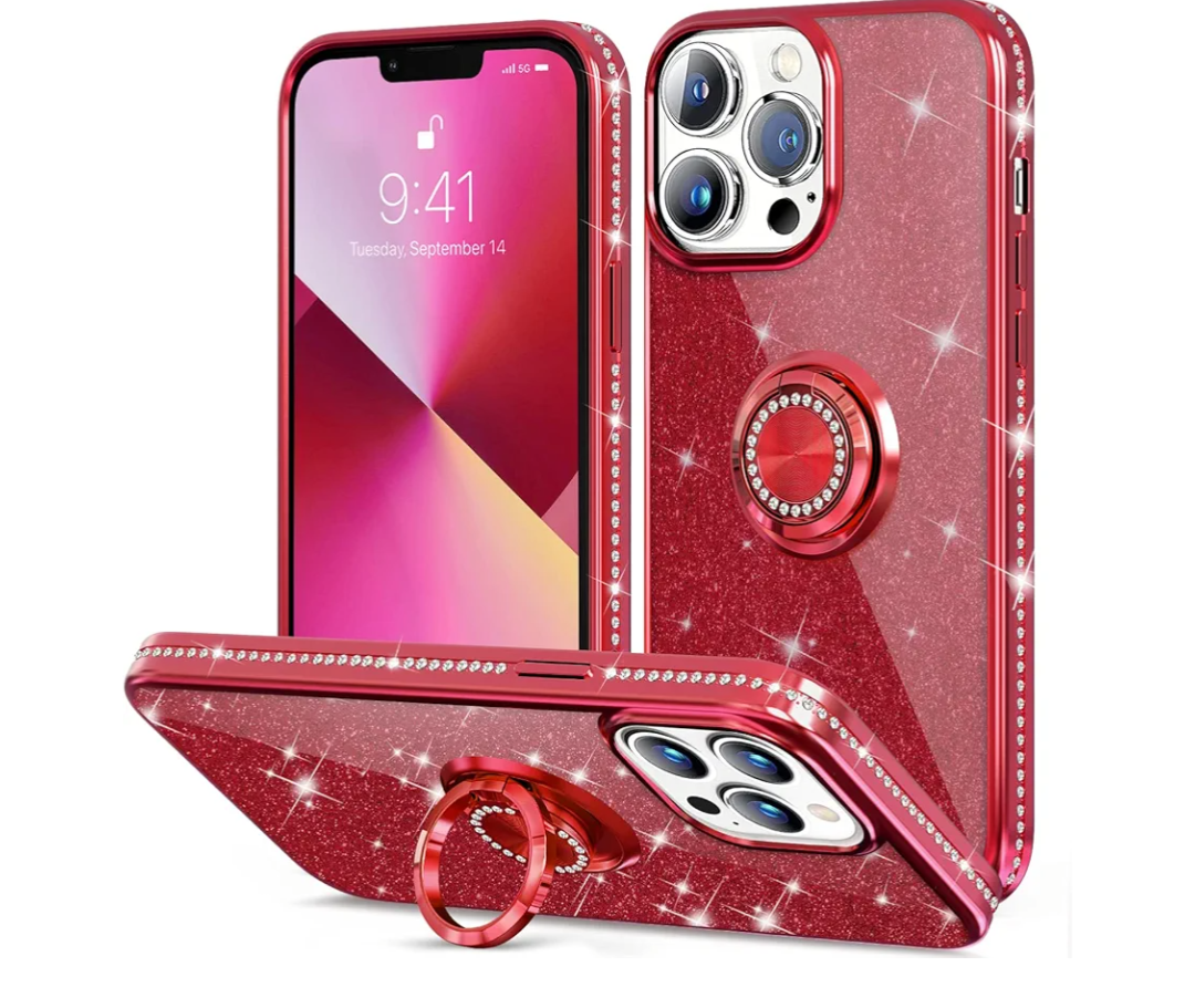 Thomo Compatible with iPhone 13 Pro Case,[Bling Kickstand] Cute Glitter Slim Bumper Diamond Cover Ring Holder Full-Body Protective Phone Case for iPhone 13 Pro Women Girls-WineRed Pack of 2