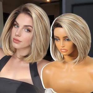 KOME Ash Blonde Synthetic Lace Front Wig,Side Part Short Straight Glueless Bob Wig for White Women Daily Use 12IN (#TT891A)