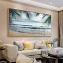 Framed Tropical Beach Wall Art - Ocean Waves Canvas Pictures Coastal Blue Sky and Sea Print Seaside Palm Tree Leaves Scene Painting Artwork Living Room Bedroom Office Home Decor 20" x 40"