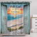 Riyidecor Barn Door Bible Verse Shower Curtain for Bathroom Decor 72Wx72H Christian Scripture Teal Beach Ocean Sea Coastal Nautical Sunset Art Printed Fabric Polyester Waterproof 12 Pack Plastic Hook