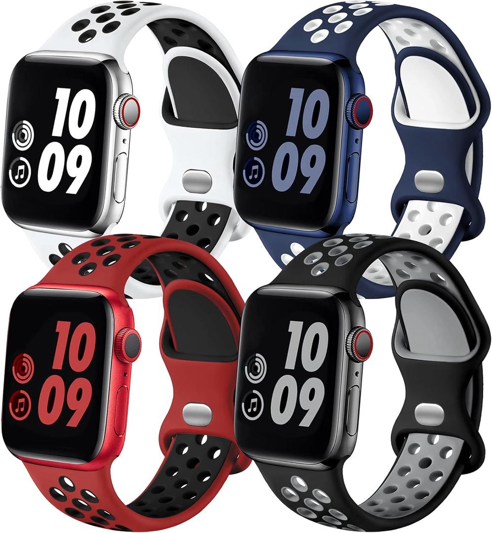 Adorve 4 Pack Sport Bands Compatible with Apple Watch Bands for Men Women,Breathable Soft Silicone Strap for iWatch Band, Size: 44mm/45mm/46mm/49mm/42mm(Series 3 2 1) M/L (BlueWhite/WhiteBlack/BlackGray/RedBlack)