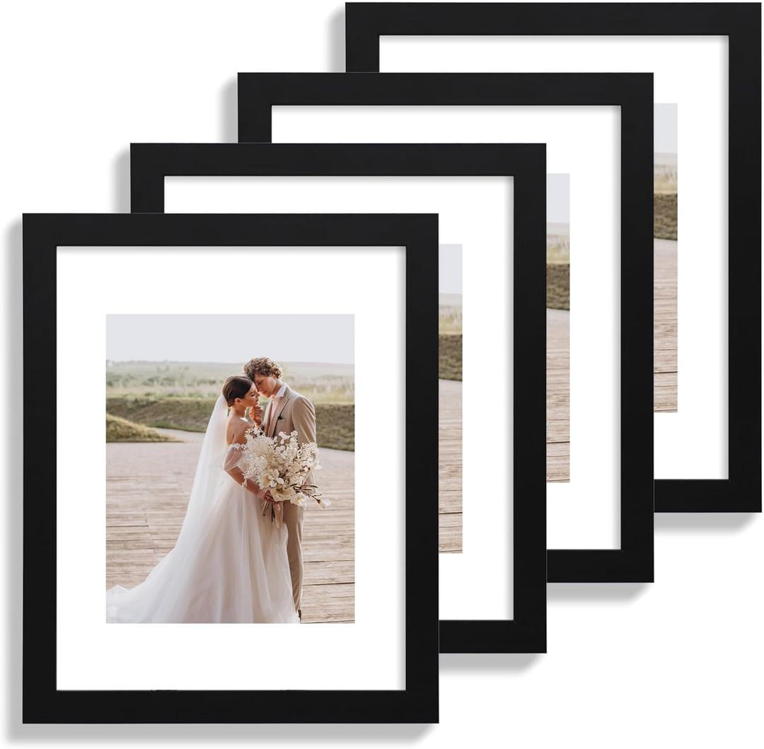 11x14 Picture Frame Set of 4, Made of Glass and Black Wooden Frame, Display 8x10 Pictures with Mat or 11 x 14 Posters without Mat for Wall Mounting, Gallery Photo Frames