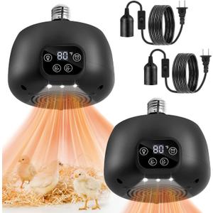 2 Pack Chicken Coop Heater 200W with Lighting and Temperature Control Chicken Heating Lamp with Digital Display 5Ft Cable Brooder Heater for Reptiles, Remote not Include