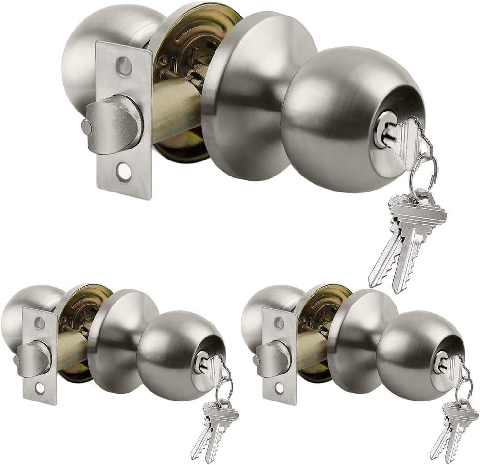 [3 Pack] BESTTEN Door Knob with Lock and Key, Keyed Different Entry Door Knob with Adjustable Latch, for Entrance and Front Door, Satin Nickel
