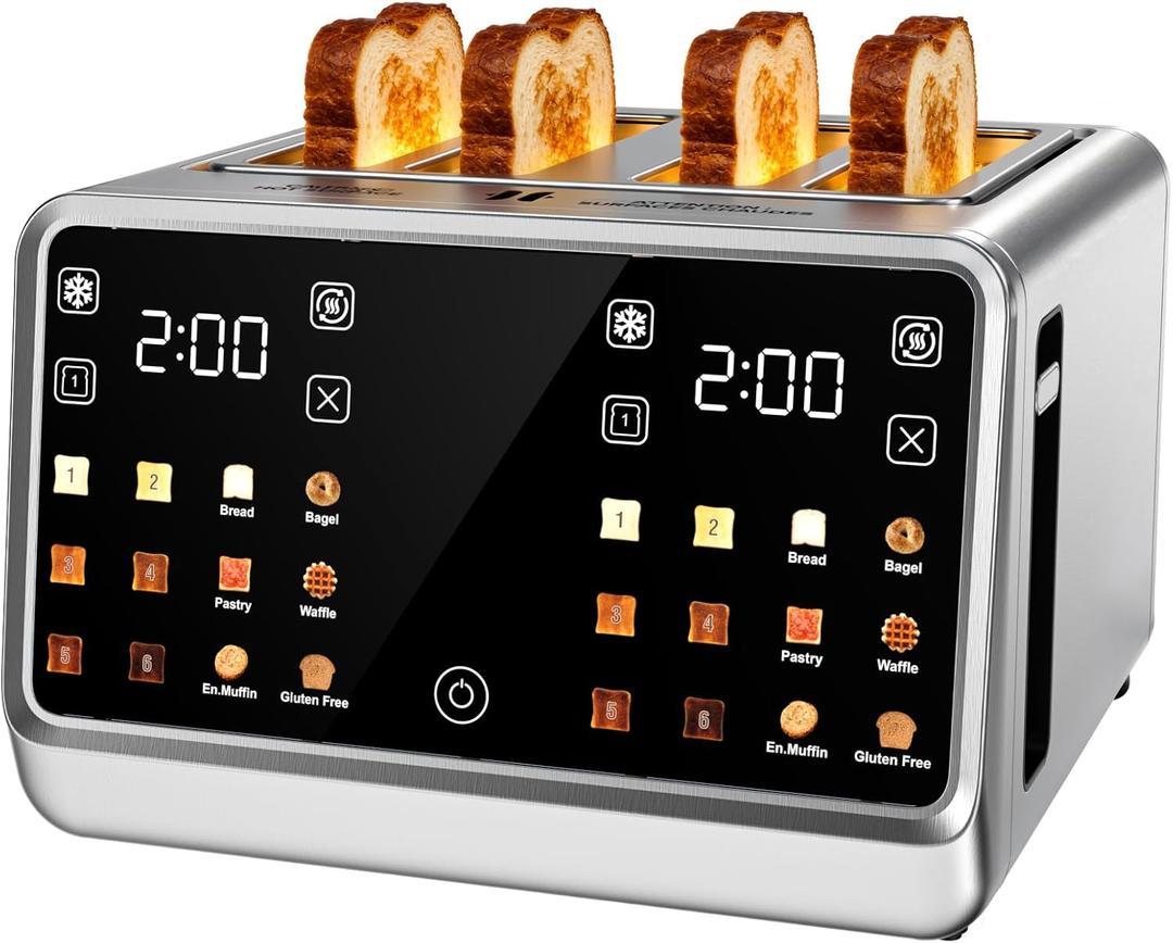 Smart Toaster 4 Slice Wide Slot Dual Digital TouchScreen & Independent Control for Family | 1800W Stainless Steel for 6 Bread Types & Toast Settings | Defrost Reheat & Single-Slice Modes