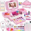 60 in 1 Kids Makeup Kit, with 3-Color Led Makeup Mirror Real Washable Kids Makeup Sets for Girls 5-8, Perfect Girl Birthday Gift, Age 3+