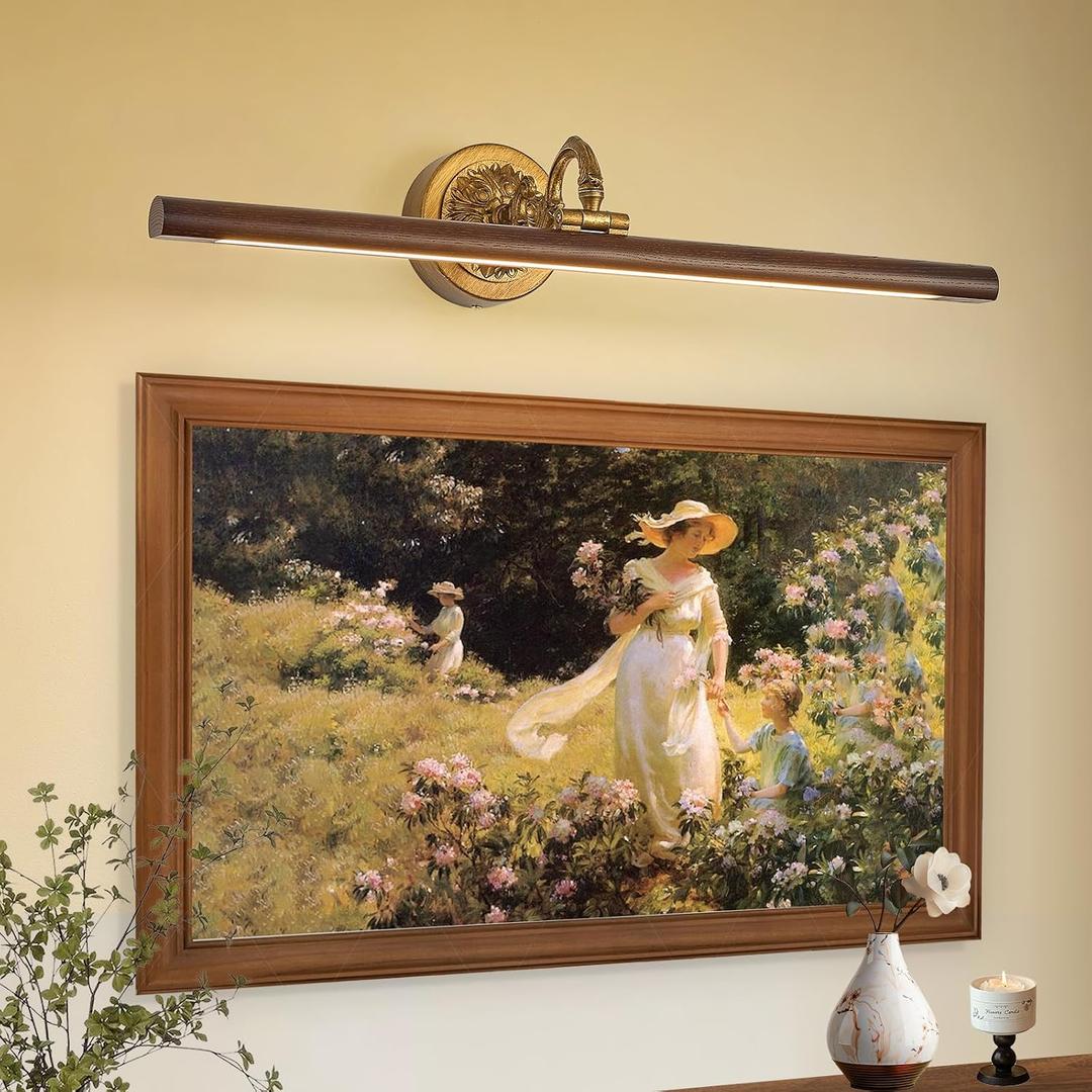 VitaLink Picture Lights for Wall, Remote Control Hardwired Artwork Picture Lighs 27.5 Long Retro Gold Wall Paintings Display Lighting Swing Arms Wooden Wall Lamp Bathroom Vanity Light Dimmable
