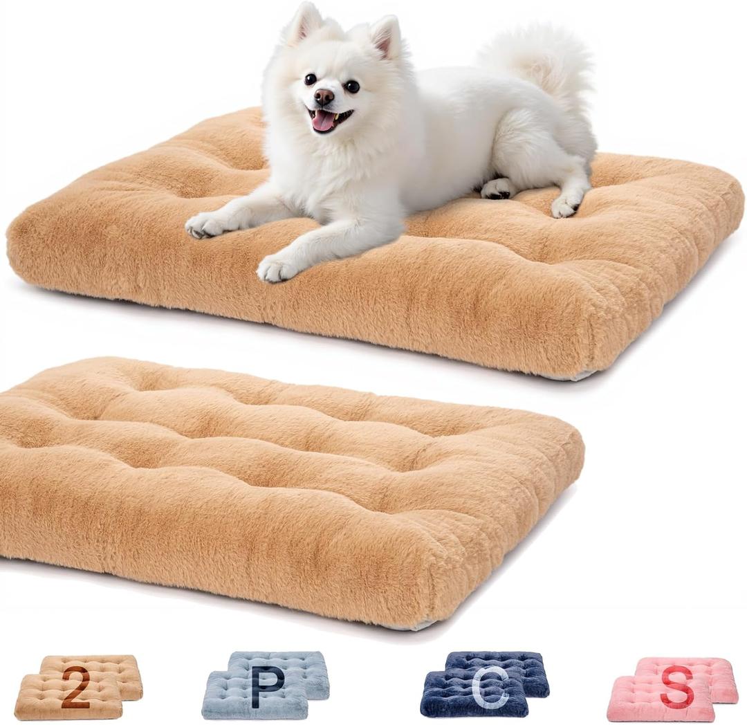 2 Pack Washable Dog Bed, Deluxe Plush Dog Crate Beds with Anti-Slip, Comfy Kennel Pad Pet Sleeping Mat for Large, Medium and Small Dogs (2 Pack x Brown, 23.0" L x 18.0" W x 3.0")