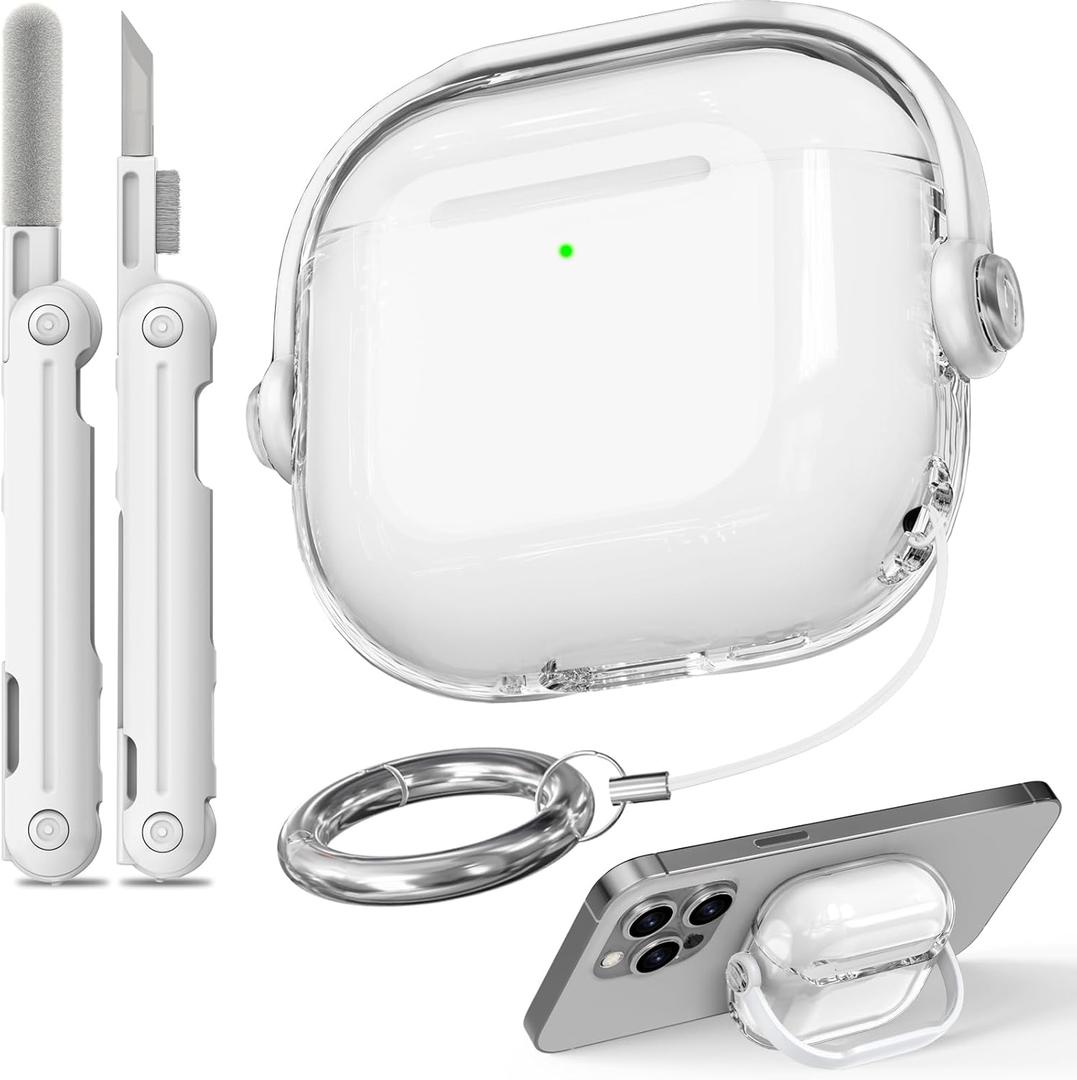 Safety Lock for Airpods 4 Case,TPU Clear Cases for Apple Airpods 4 USB-C with Cleaner Kit, Drop Protection Airpods 4 Case Cover for Men for Women with Lock and Keychain,Clear+White