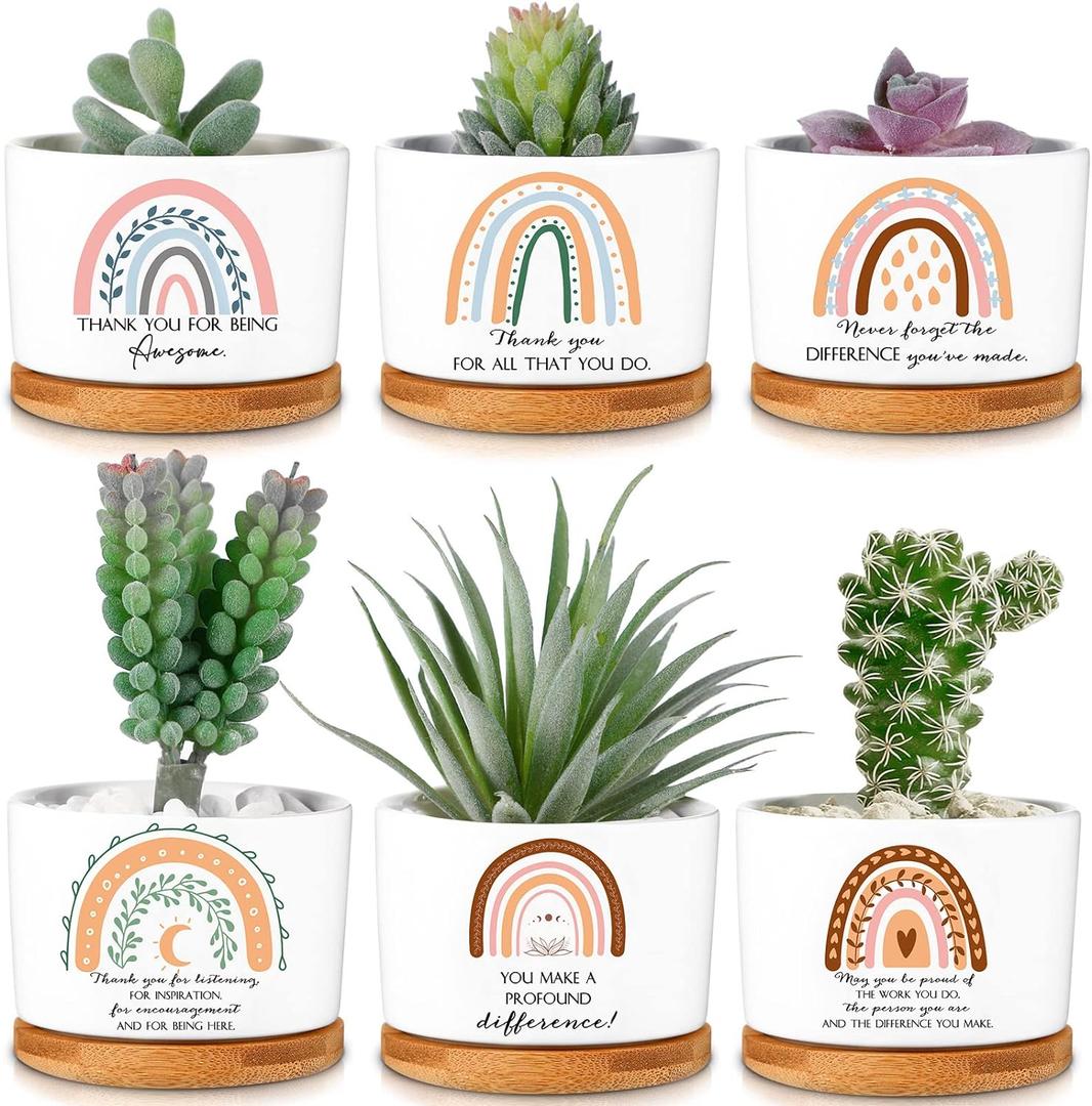 Sieral 6 Pcs CNA Week Gifts Thank You Appreciation Gift Succulent Pots Mini Ceramic Plant Pot with Bamboo Tray Succulent Planter for Coworker Employee Teacher Volunteer, Plants Excluded(Boho Style)