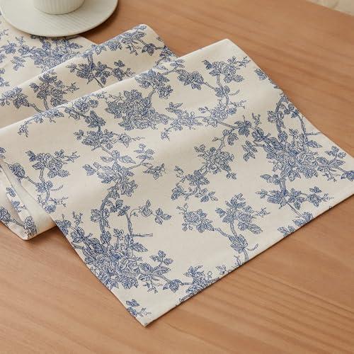 YZJZEDS 100% Cotton French Pastoral Table Runners, 13x108 Inch Blue Farmhouse Table Runners 108 Inches Long, Vintage Flowers Print Home Decors