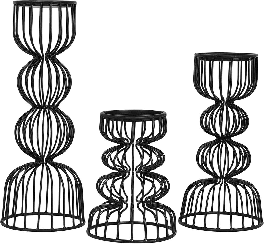 Lainon Candle Holders for Pillar Candles (Black, Set of 3) - Hand Crafted Black Metal Candle Holder Set - Metal Candle Holders Pillar for Table Centerpiece - Modern Candle Stand - 6", 9", 12"