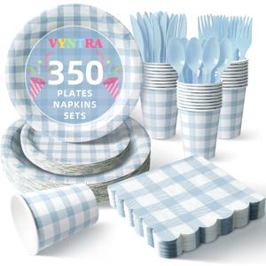 Vyntra 350 Pcs Blue Gingham Paper Plates and Napkins Set for 50, 9" Dinner Plates & 7" Dessert Plate, Baby Boy Shower Birthday Party