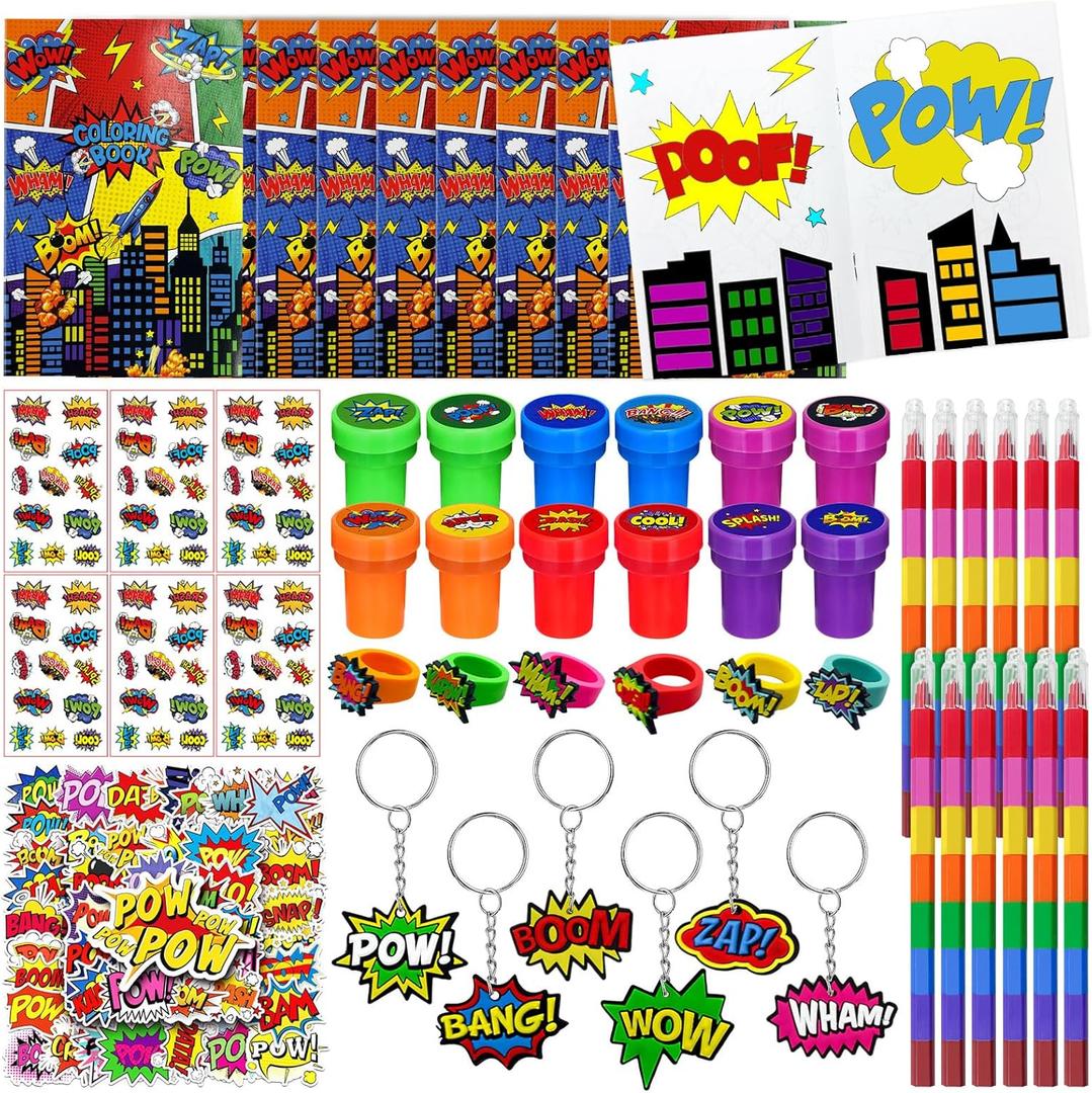 Cinrobiye 72 Pcs Hero Party Favors, Hero Coloring Books, Stickers, Tattoos, Stampers, Keychains, Rings, Rainbow Pencils, Comic Birthday Party Supplies, Goodie Bag Fillers, Prize Bulk Set