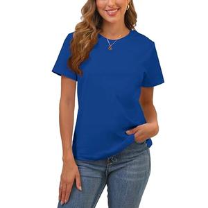 100% Cotton Women's Royal Blue Short Sleeve Crew Neck T-Shirt, Regular Fit Casual T Shirt Tops, Basic Tees, Size L