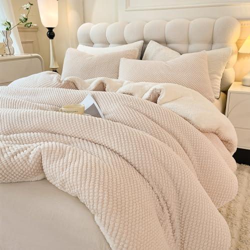 LLanCL 3D Jacquard Design Comforter Set, Ultra-Soft Warm Queen Size Sherpa Fur Plush 3-Pieces Sets Luxury Cozy Bedding with 2 Pillowcases (90"x90", Cream White)