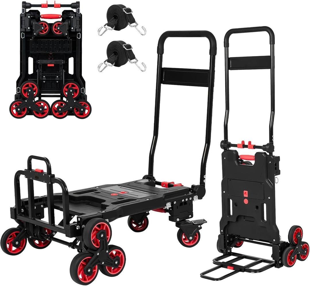 Upgraded 3 in 1 Convertible Folding Hand Truck with Brakes, Hand Truck Dolly Heavy Duty 660lbs Capacity, Stair Climbing Cart with Adjustable Shovel Board and Fixed Handle for Moving