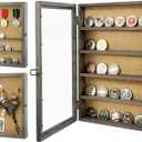 MyGift Challenge Coin Display Case Wall Mounted, Shadow Box with Viewing Panel on Hinged Door, Metal Latch, Corkboard Backing, Vintage Gray Solid Wood, 11.6"L x 2.4"W x 15.6"H