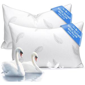zibroges Goose Feather Pillows Bed Pillow - Hotel Down Pillows Queen Size Set of 2, Fluffy Support Surround Fill Polyester for Back, Stomach, Side Sleepers, Breathable & Soft Bed Pillow for Sleeping
