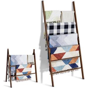 6-Tier Wide Double Blanket Ladder Wood, Rustic Decorative Towel Rack for Big Blanket, Towel, Quilt, Clothes, Freestanding Blanket Holder Towel Ladder Decor Stand for Living Room, Bedroom, Brown