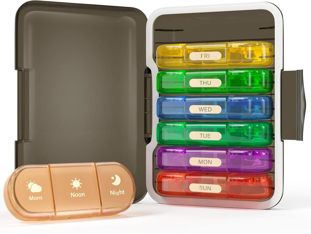 Weekly Pill Organizer 3X a Day, 7 Day Pill Box 3 Times, Portable for Travel Pill Case for Pills/Vitamin/Fish Oil/Medication/Supplements (3x7 Black+Rainbow)