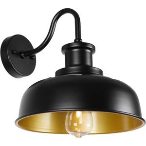 Solar Barn Light for Outside, Outdoor Wall Lights Solar Powered, Farmhouse Exterior Wall Sconce, Industrial Outside Lighting Fixture, Rustic Lantern Works with Gooseneck Barn Shed Garage Patio, Black+Gold, 1 Pack