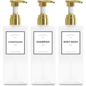 Shampoo Dispenser Bottles with Gold Pump, YACEYACE 16.9oz Set of 3 Clear Shampoo and Conditioner Dispenser, Mordern Shower Bottles Refillable with Labels